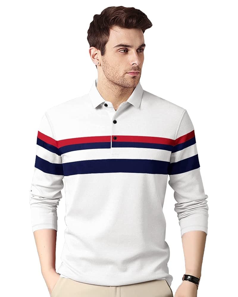 Polo Neck Half Sleeve Striped Print Casual Men Tshirt